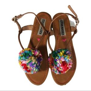 Steve Madden Girls Pom Pom Leather Sandals